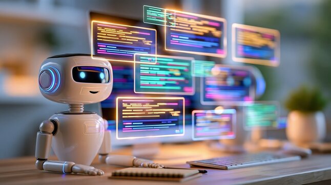 Futuristic AI robot assistant coding on a computer screen with glowing digital data streams