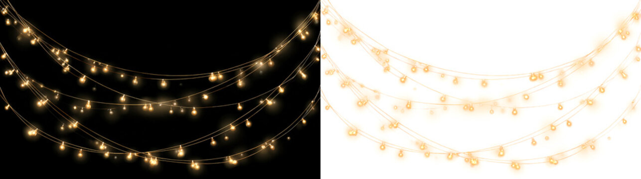 Christmas string lights on a transparent background. String lights with glowing golden bulbs. Christmas string lights PNG. Christmas decoration.
