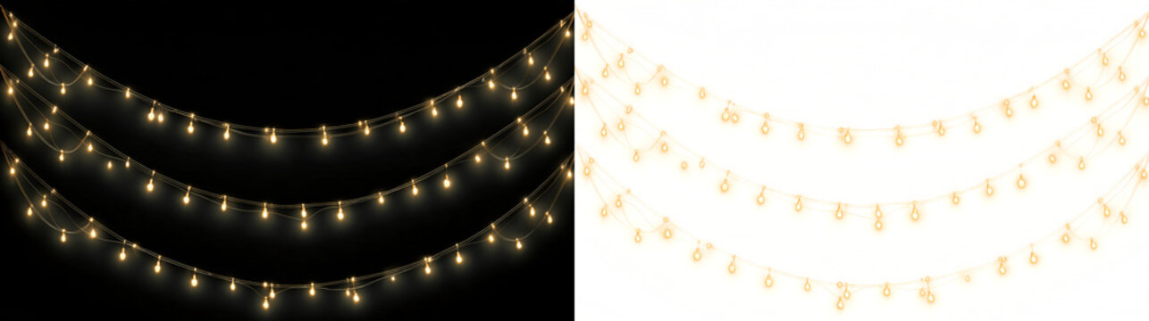 Christmas string lights on a transparent background. String lights with glowing golden bulbs. Christmas string lights PNG. Christmas decoration.