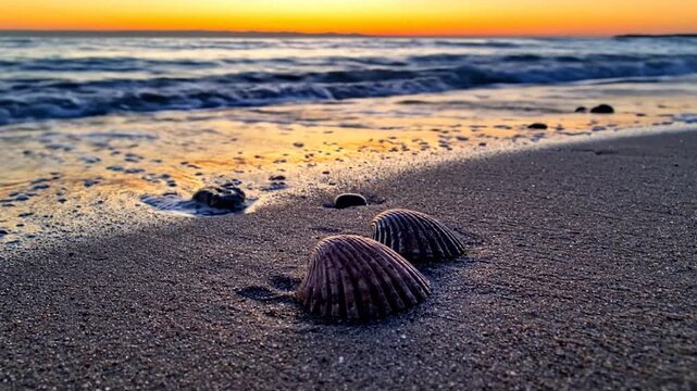Sea shells on beach sand at sunset.
