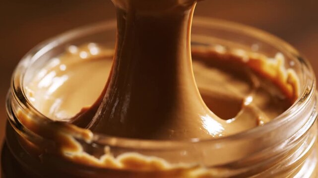 Spoon scooping creamy peanut butter from a glass jar