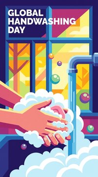 Flat vector illustration of hands washing with soap under a water faucet for Global Handwashing Day poster