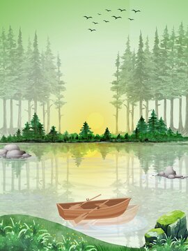 Wooden boat on a calm lake in misty pine forest at sunset, serene digital watercolor illustration of green nature scenery with bird flyng
