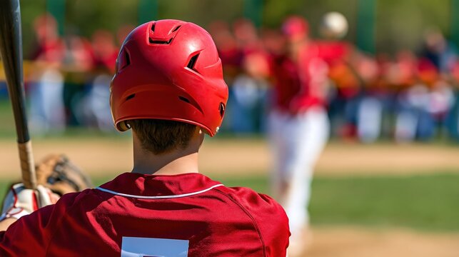 Young baseball player in red uniform with helmet and bat at bat, pitcher throwing ball in blurred background