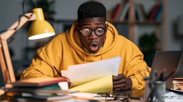 Man in yellow hoodie reacting with surprise to unexpected document