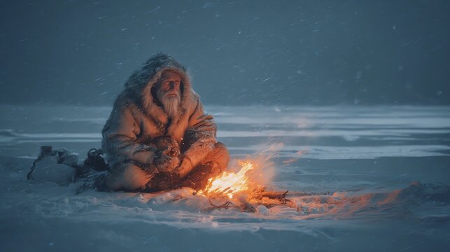 A figure warms by the fire in a snowy landscape.