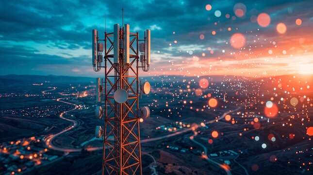 Telecommunications tower standing tall against a sunset sky with digital connection bokeh overlay cell tower mobile network wireless communication data transmission data flow