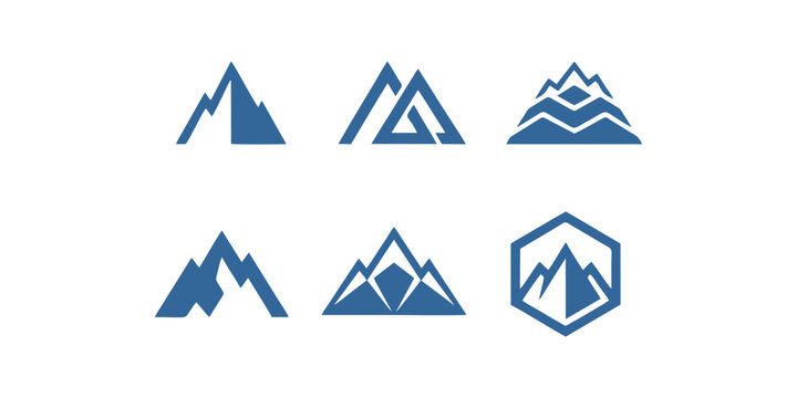 Set of six modern abstract mountain logos and icons in blue, perfect for outdoor brands, adventure companies, and nature-themed designs
