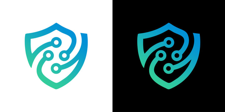 Shield logo template with digital circuit and technology security concept vector design