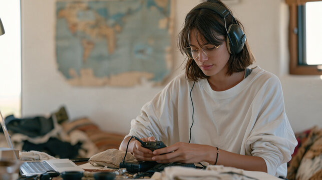 An animal trainer in a luxury training facility warms up an ultrasonic device before a session, wearing full protective ear gear, a faded map pinned to the wall behind her, the