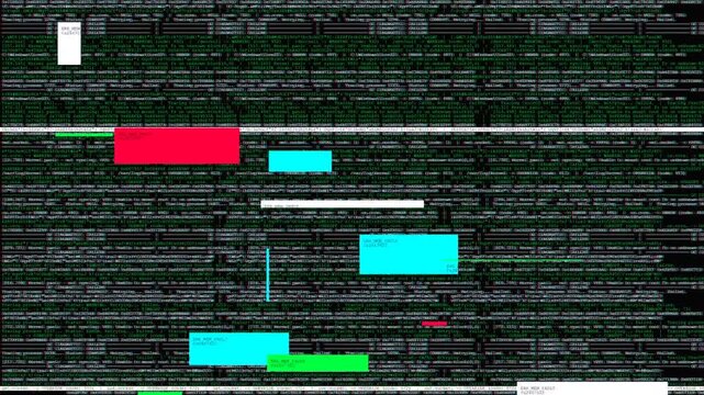 Machine Code Characters Glitching with Rectangular Color Artifacts and Static Scanlines on Corrupted Terminal Display