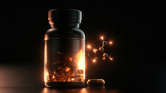 Dark background shows a sleek supplement bottle with glowing amber liquid and a molecular NAD structure hologram beside it.