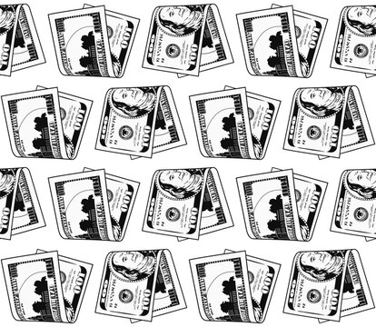 Seamless geometric pattern with 100 USD bills folded in half. Banknotes arranged in horizontal rows. Black and white detailed money illustration on transparent background.
