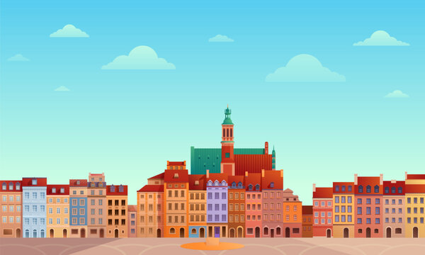 Cartoon vector illustration of the Old Town Market Square in Warsaw, Poland, a historic city square surrounded by colorful traditional buildings and historic architecture