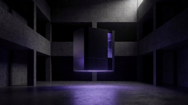 Abstract dark cube floating in a minimalist concrete industrial hall with purple ambient lighting