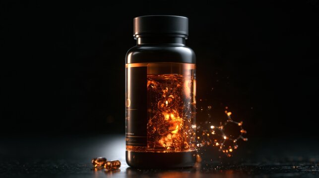 Sleek dark capsule bottle with glowing amber liquid and NAD+ structure hologram on a dark background. NAD supplement