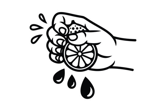 Hand squeezing a lemon creating juice drops for a refreshing drink concept.