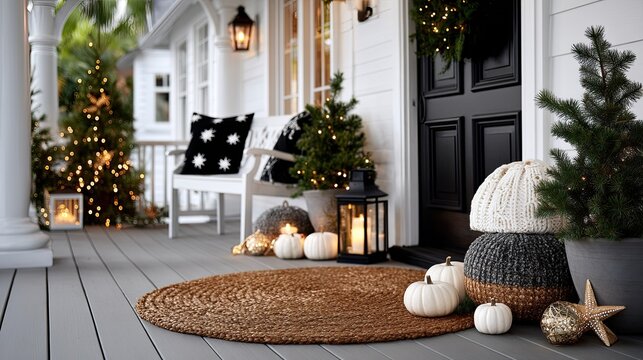 Holiday decorations featuring gold stars and lush plants are arranged along a quaint street, inviting warmth and cheer to passersby