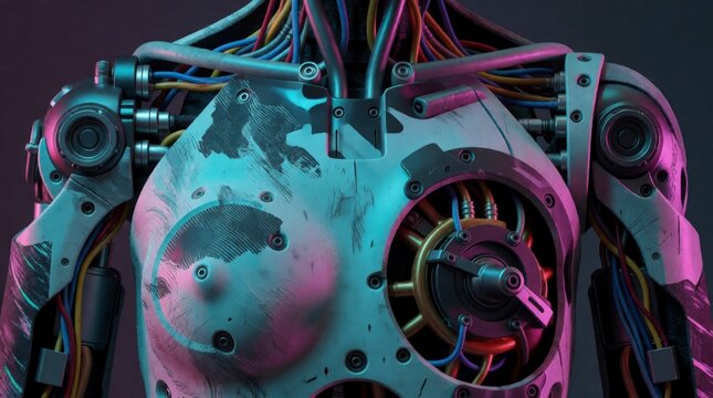 Humanoid robot torso with exposed mechanical components and glowing neon lighting in a dark studio
