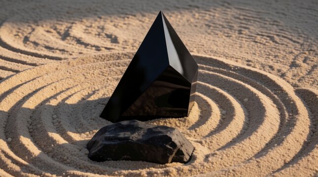 Black obsidian pyramid stone placed in a zen garden sand circle with raked patterns