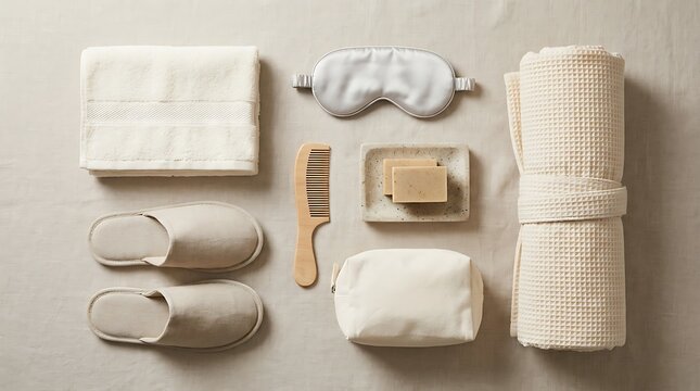 Flat lay of eco-friendly hotel amenities and toiletries on a neutral background.