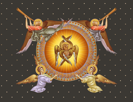 Leo Mark Apostle symbol. Decorative vintage illustration with angels in Byzantine style
