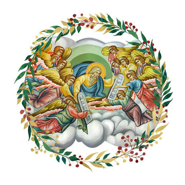 Prophet Moses accepts Law. Decorative vintage floral wreath, illustration in Byzantine style isolated