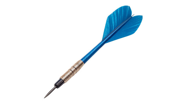 Single professional metallic darts arrow with blue flight isolated on transparent background.