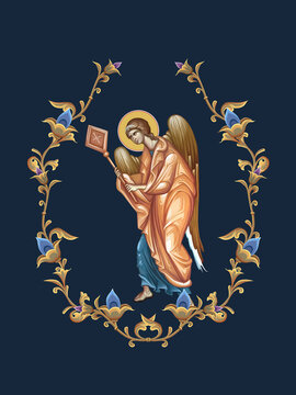 Decorative vintage floral illustration with the angel in Byzantine style