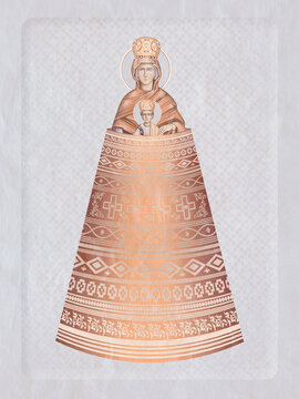 Addition of the Mind. The Blessed Virgin Mary and Jesus Christ. Christian illustration in Byzantine style in pastel colors