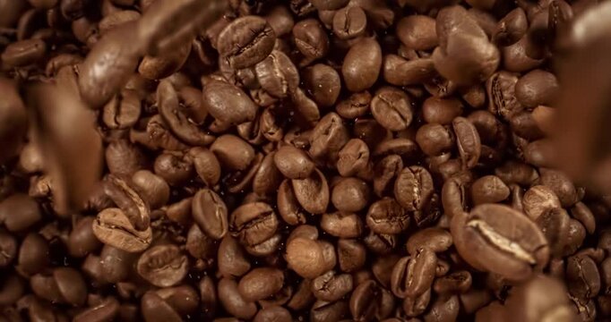 Close up of seeds of coffee. Fragrant coffee beans Super Macro Close Up. Shot on super slow motion camera 1000 fps.