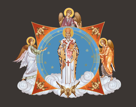 Basil of Ostrog. Illustration in Byzantine style with angels and seraphim