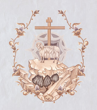 Behold the Lamb of God who takes away the sin of the world. Agnus Dei. Christian pastel illustration in Byzantine style in floral frame
