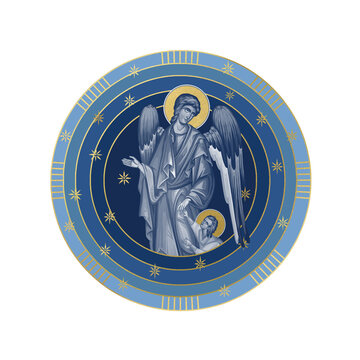 Guardian angel with a kid. Starry sky round illustration in Byzantine style