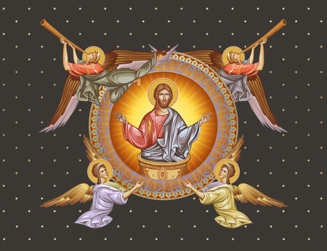 Heaven Liturgy. Jesus Christ in Holy Chalice. Decorative vintage illustration with angels in Byzantine style