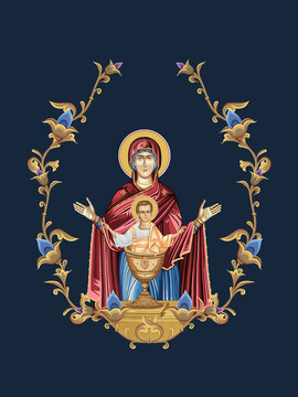 Inexhaustible Cup. Blessed Virgin Mary and Jesus Christ. Decorative vintage floral illustration in Byzantine style