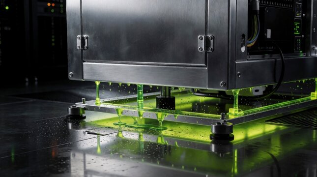 Industrial machinery dispensing bright green liquid onto a metal surface in a manufacturing facility