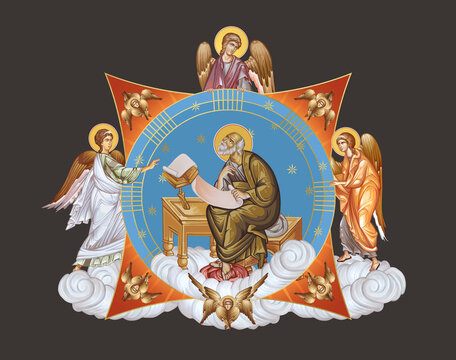 John the Apostle. Illustration in Byzantine style with angels and seraphim