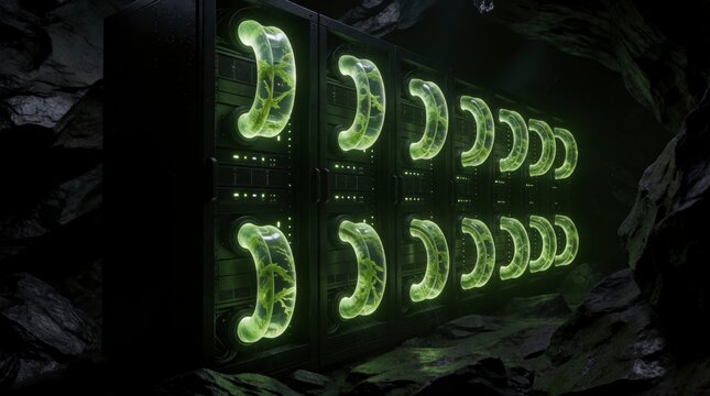 Futuristic server rack with glowing green bio-organic pods inside a dark cavernous underground facility