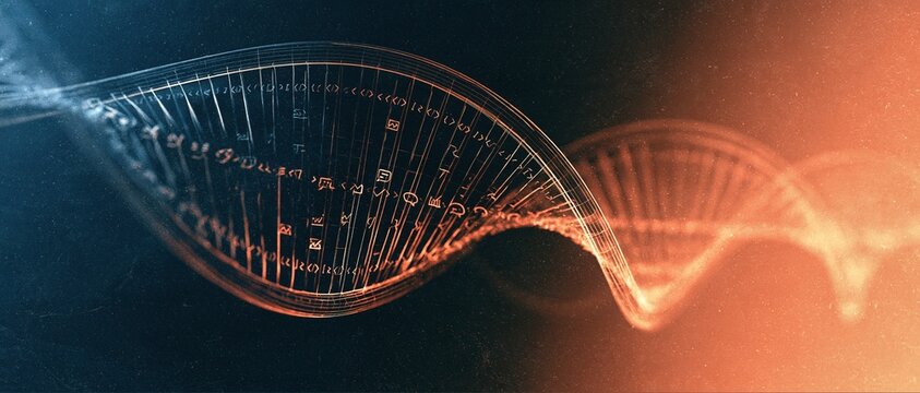 Abstract 3D DNA Helix Structure with Glowing Light and Dark Background