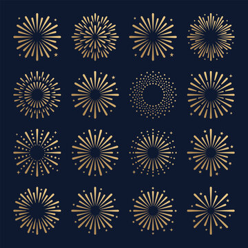 Gold fireworks vector illustration set featuring glowing festive starburst elements for holiday designs