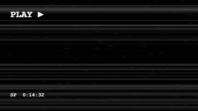 Analog VHS tape overlay displaying play icon and timecode with horizontal tracking lines and glitch static noise on black screen
