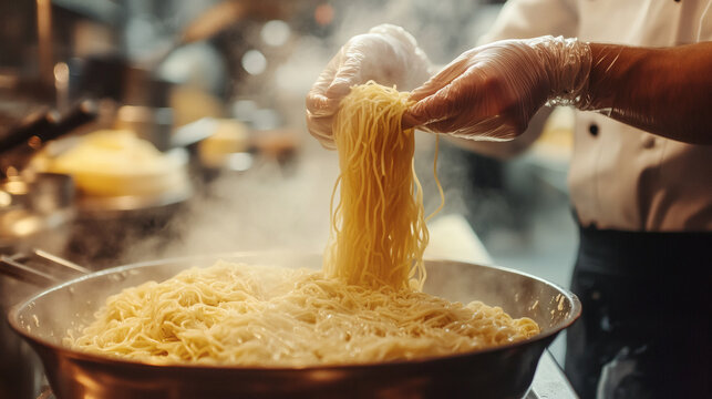 Chef lifts freshly cooked pasta from a steaming pan checking for texture and consistency in a professional kitchen with visible steam rising around the dish, elegantly showcasing gourmet.
