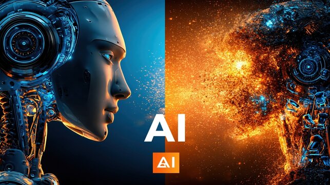 Futuristic AI concept art depicting a human-like robot head and a chaotic digital explosion of data particles