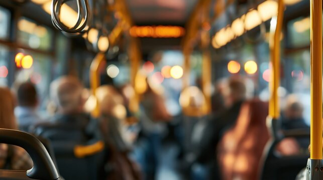 Blurry interior view inside a crowded public transport bus with passengers and overhead handles