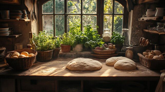 Sunlit rustic kitchen table with three large dough balls resting on flour-dusted surface surrounded by baskets of bread ingredients and potted herbs near a window with natural light streaming in.