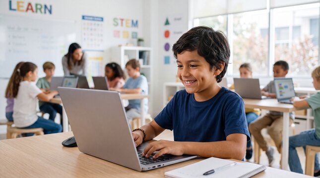 Cheerful Hispanic Boy Participating In Technology Skills Workshop