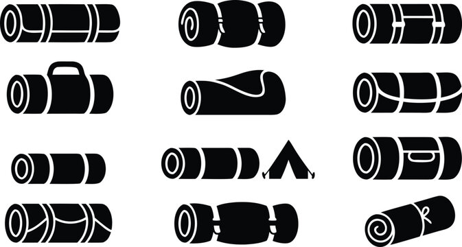 Sleeping mat icon set with camping bedroll rolled sleeping bag symbols