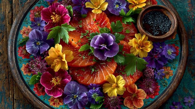 A top-down view of raw salmon slices arranged on a decorative plate, garnished with colorful edible flowers and green herbs.