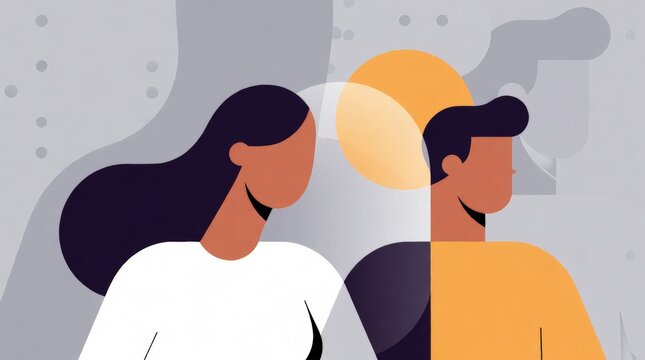 Professional woman and man collaborating on digital project with split-screen design concept